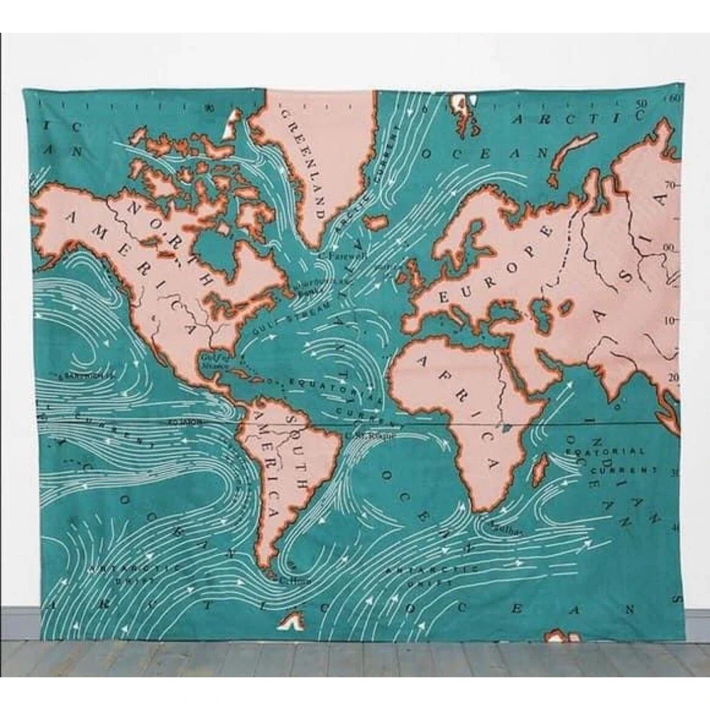 Urban Outfitters 4040 Locust World Map Tapestry Wall‎ Hanging Teal Pink 84X100